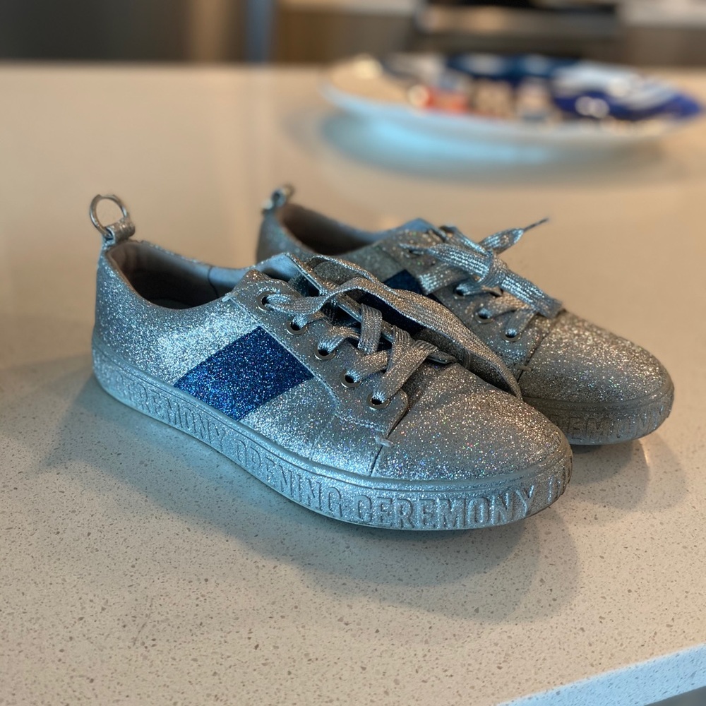Silver sparkly opening ceremony sneakers